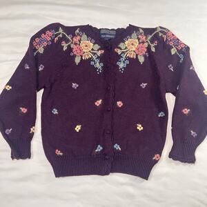 Vintage Hand Embroidered Cardigan Size M Plum Purple Floral Romantic Wool Blend